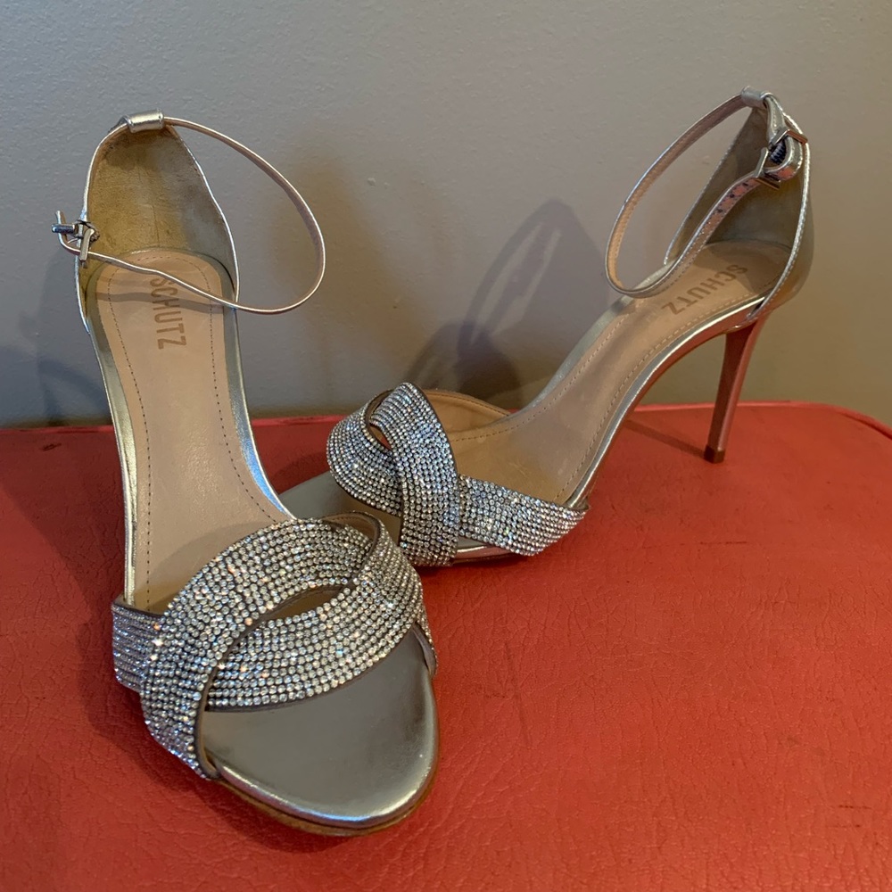 Shutz silver bling heels w/ankle strap